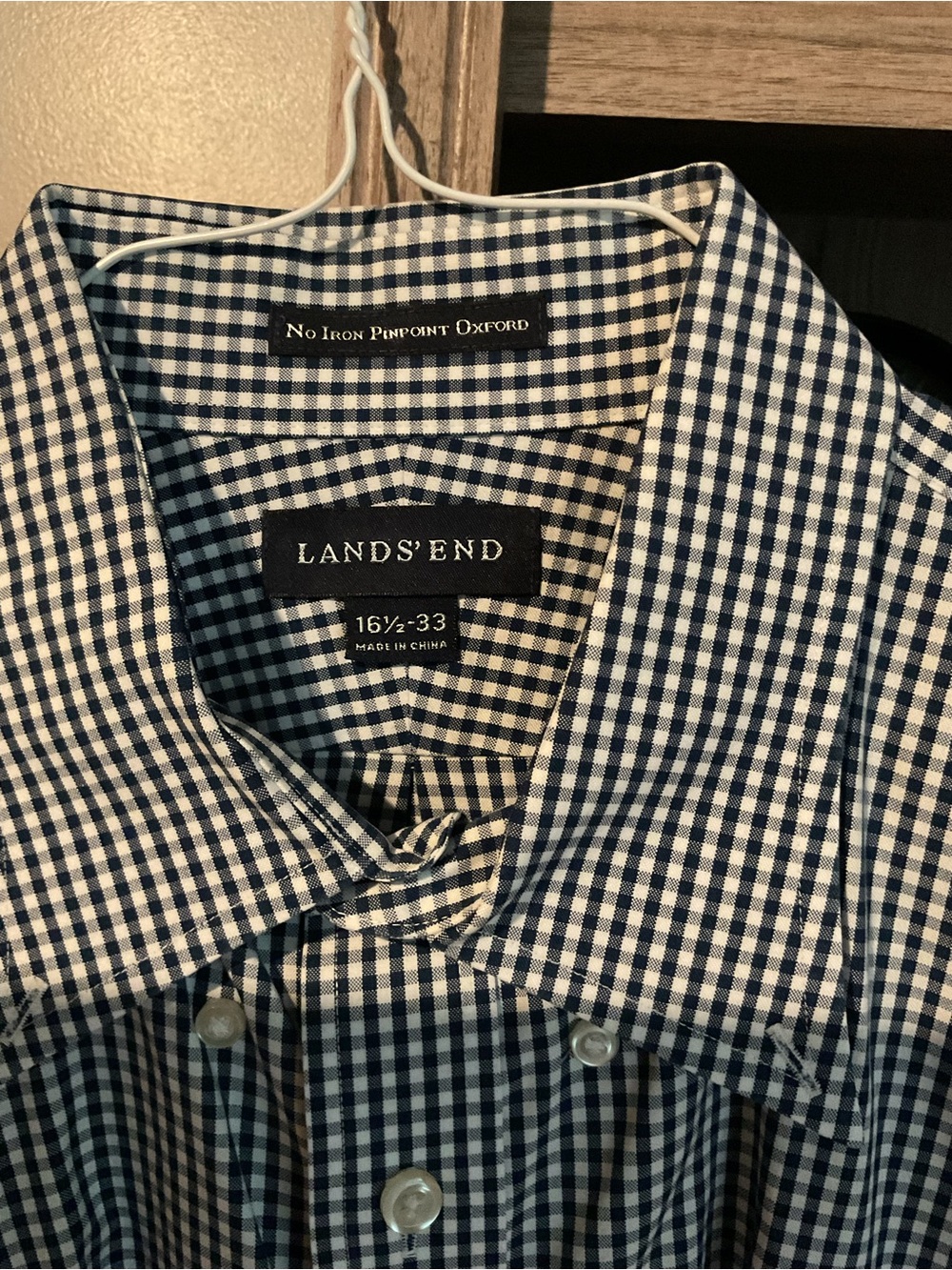 Lands' End Navy and White Gingham Dress Shirt